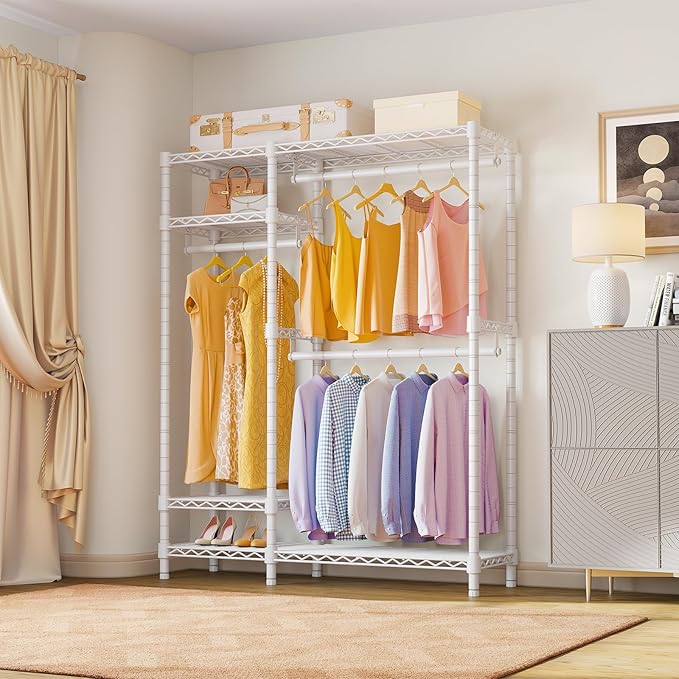 VIPEK V2 Garment Rack Metal Clothing Racks for Hanging Clothes with 4 Tiers Wire Shelving & 3 Hanging Rods, Free Standing Closet Wardrobe, 45" L x 16.5" W x 76.4" H, Max Load 700LBS, White