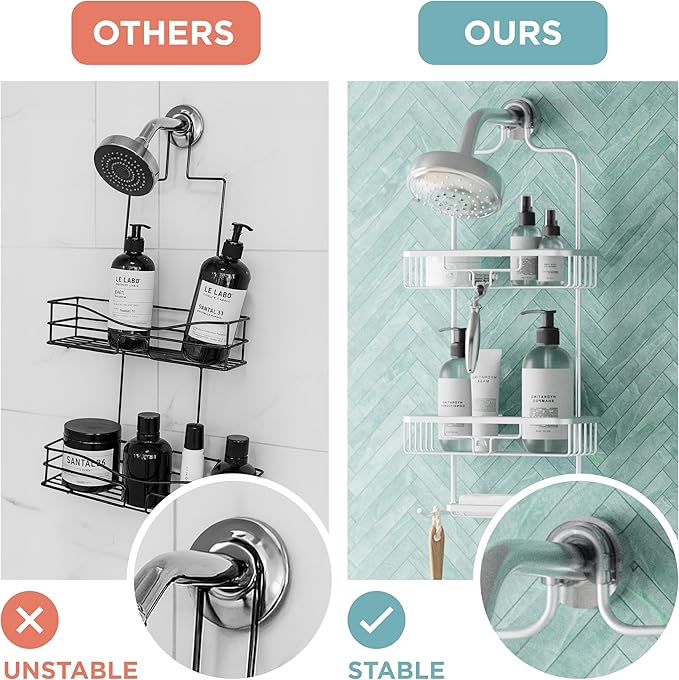 Zenna Home Rustproof Hanging Shower Caddy, Over the Shower Head Caddy with 2 Shelves and Built In Hooks, Aluminum Bathroom Hanging Organizer, Satin Chrome