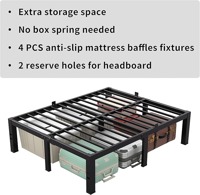 MAF 18 Inch Full Size Bed Frame No Box Spring Needed, Full Bed Frame Metal Heavy Duty Metal Platform Bed Frames Black Steel Slats Support Under-Bed Storage Space