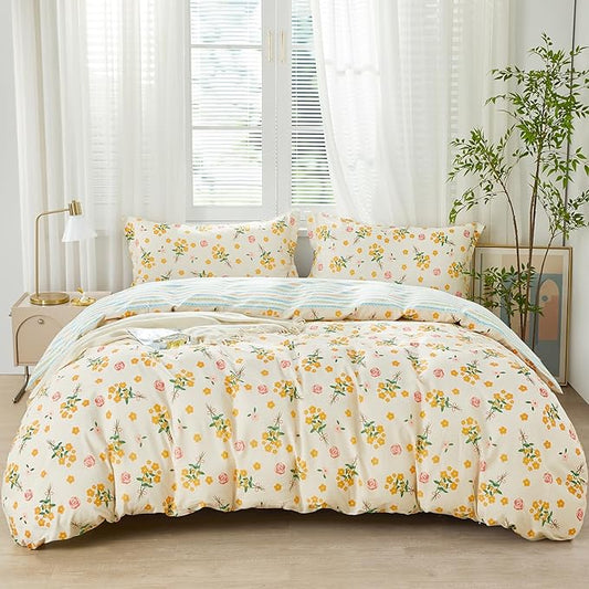 SAPHREAS Yellow Floral Duvet Cover Set King Size 3pcs Garden Style Botanical Blossom Bedding Comforter Cover Set 100% Cotton 1 Duvet Cover 104"x90" 2 Pillow Shams, Comforter Not Included