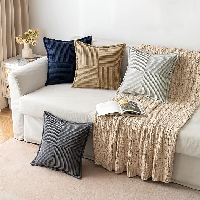 MIULEE Decorative Throw Pillow Covers for Couch Bed Livingroom 12x12 Inch Set of 2 Khaki Boho Accent Throw Pllows Broadside Striped Patchwork Soft Corduroy Pillowcases