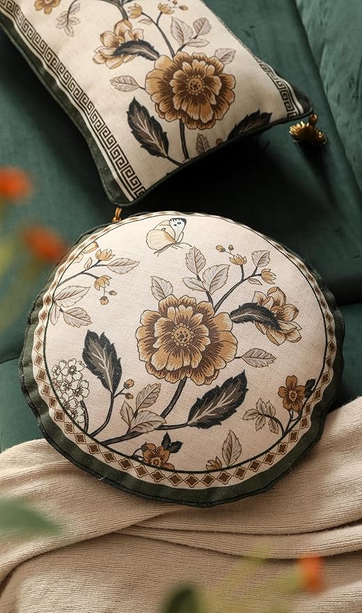 Design Linen Chinoiserie Round Throw Pillow Covers Diameter 16" Pack of 2, Farmhouse Cushion Covers with Yellow Floral Birds Pattern Decoration Pillowcases for Bed,Living Room,Outdoor,Car