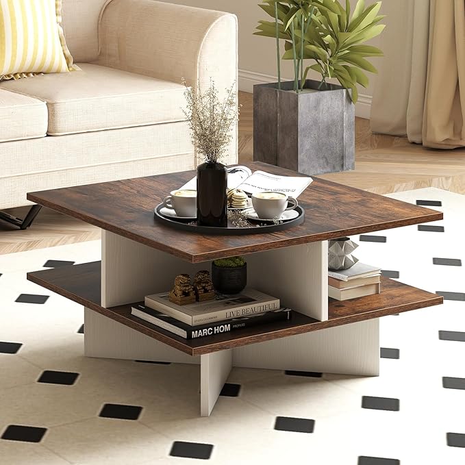 GOFLAME Farmhouse Coffee Table with Storage, 2-Tier Square Center Table with 4 Storage Compartments & X-Shape Base, Modern, Wood Tea Tables for Living Room, Lounge, Rustic Brown + White