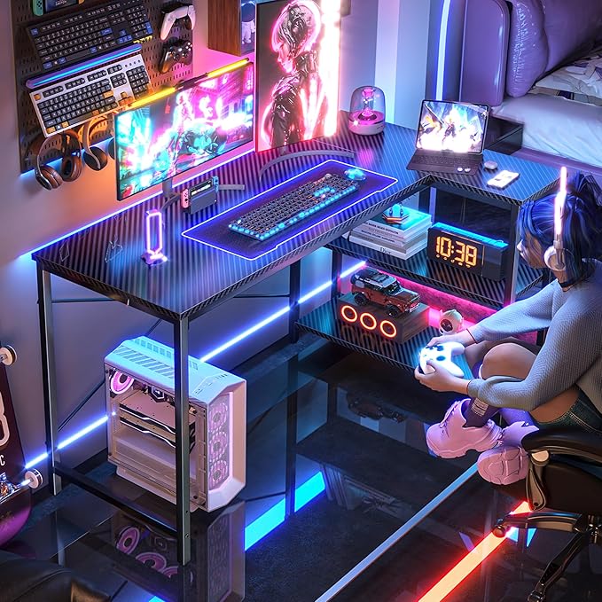 Huuger L Shaped Desk, 47 Inch Gaming & Home Office Desk with Reversible Storage Shelves, Metal Frame, Carbon Fiber Black