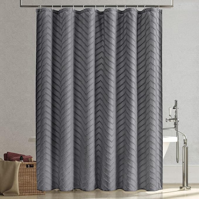 Boho Gray Shower Curtain Tufted Chevron Striped Shabby Chic Textured Cloth Shower Curtains for Bathroom, Modern Farmhouse Waterproof Shower Curtain, 72x72