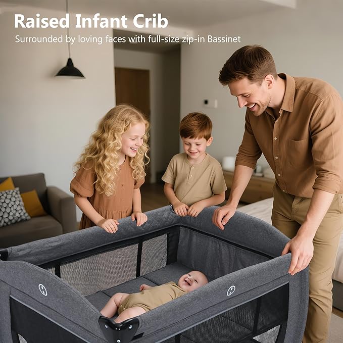 Kinder King 4 in 1 Foldable Pack n Play with Bassinet & Changing Table, Portable Nursery Center for Babies and Toddlers, Convertible Newborn Crib Baby Bed with Toys & Canopy, Storage Bag, Light Gray