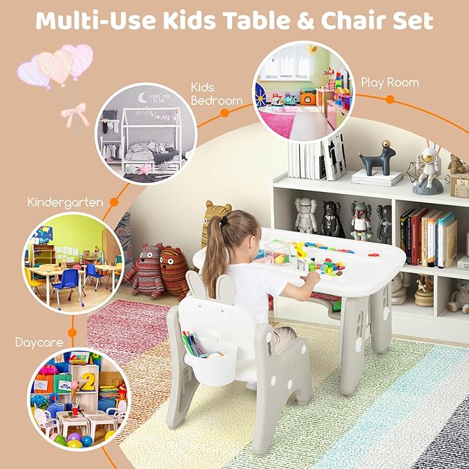 Costzon Kids Table and Chair Set, Graffiti Activity Table w/Flip-Top Tabletop Bookshelf, Erasable Magnetic Drawing Board, Storage, Adjustable Height for Drawing, Toddlers Art Table & Chair (Gray)