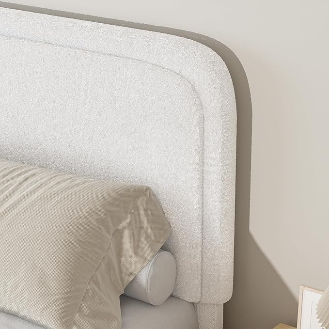 BarnFurin Full Size Bed Frame,Cloud Boucle Upholstered Platform Bed Frame with Headboard, Modern Style, Soft Rounded Corners, No Box Spring Required, Easy Assembly, White