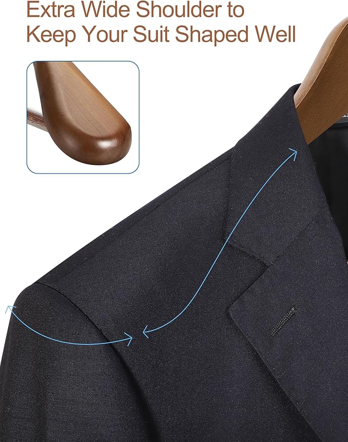 HOUSE DAY Wide Shoulder Wooden Hangers, Suit Hangers with Non Slip Pants Bar, Smooth Finish 360° Swivel Hook Solid Wood Coat Hangers for Dress, Jacket, Pants, Heavy Clothes Hangers 6 Pack (Walnut)