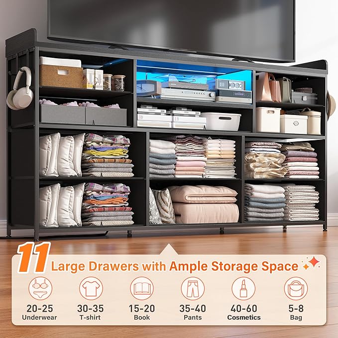 EnHomee Dresser TV Stand with 11 Drawers for 60" TV Stand for Bedroom with LED Lights & Power Outlets Long Dresser for Bedroom with Shelves & 4 Hooks Sturdy Metal Frame & Wood Top, Charcoal Black