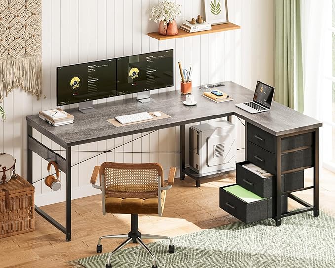 ODK 61'' L Shaped Desk with 4 Drawers, Reversible Corner Desk with Storage, Gaming Table with Power Outlets, USB Ports, PC Case Shelf, Computer Desk for Home Office, Study, Easy Assembly, Gray Oak