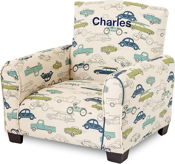 Toddler Personalized Armchair, Kids Upholstered Rocking Chair with Personalization, Toddler Chair with Personalized Name, Comfy Child Armchair, (Cars & Trucks Print, Legs)