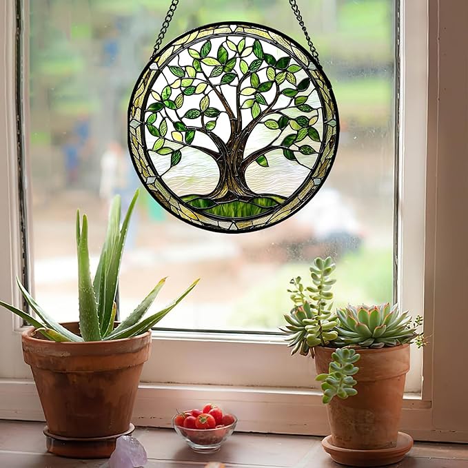 Stained Glass Window Hanging - Brown Tree Trunk Green Leaves Sun Catcher for Door Garden Home Decor Plant Suncatcher Christmas Mother's Day Birthday Gifts for Women Men Mom Nana 6.3 in