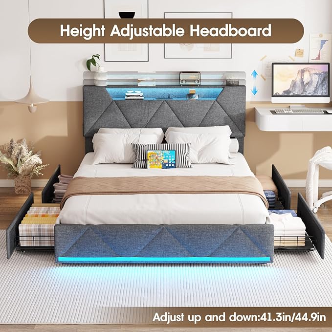 Vabches Full Size Bed Frame with Storage Headboard and 4 Drawers,Upholstered Platform with Charging Station and Led Lights,Adjustable Headboard,No Box Spring Needed,Dark Grey