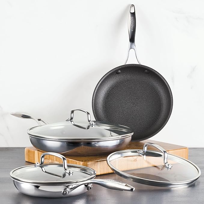 Circulon C1 Series Clad Stainless Steel with ScratchDefense Technology Cookware Nonstick Induction Frying Pans/Skillets with Lids, Metal Utensil Safe, 6 Piece Set - Polished Stainless Steel