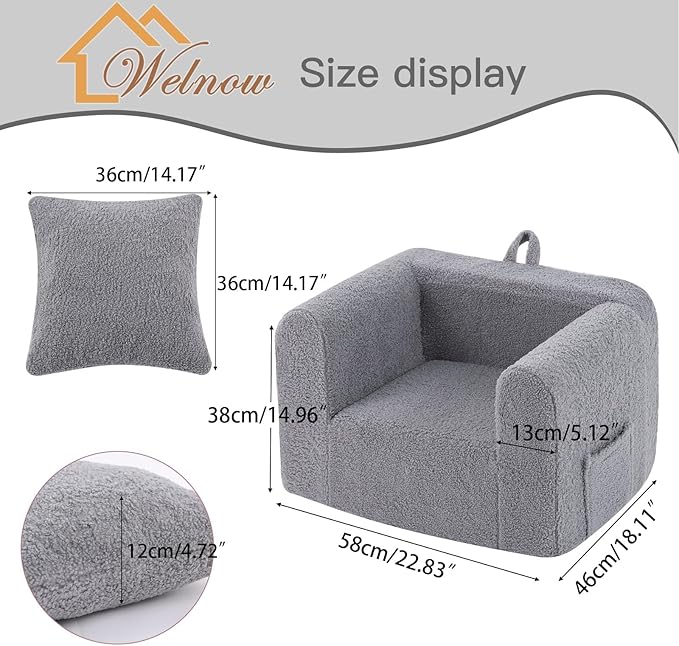 Welnow Kids Sofa with Pillow, Cozy Toddler Chair Soft Foam Seat for Reading, Children's Couch with Armrest Lightweight Comfy Kids Furniture for Bedroom, Playroom for Boys and Girls, Sherpa Grey