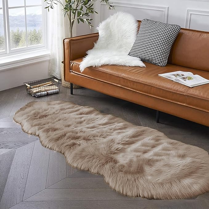 Latepis Runner Faux Fur Rug Camel Beige 2x6 Rugs Fluffy Furry Washable Sheepskin Rug Small Area Rugs for Living Room Sofa Bedroom Carpets Sheepskin