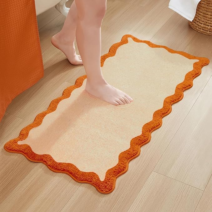 MONDAY MOOSE Bath Mat with Scalloped Wavy Ripple Design, Microfiber Absorbent Non Slip Tufted Rug for Floor, Shower or Kitchen (24x47 inch, Orange)
