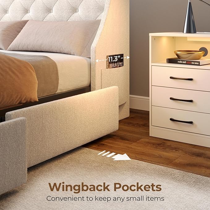 Rolanstar Twin Bed Frame with LED Lights and Charging Station, Upholstered Bed with Drawers, Wooden Slats, Noise Free, Easy Assembly, Beige
