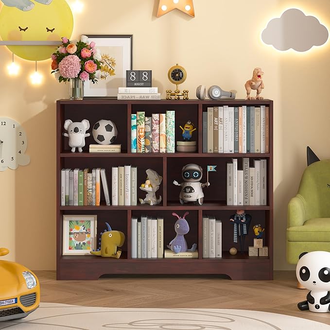 Book Shelf for Kids, 8 Cubes Storage Organizer Montessori Shelf, 3-Tier Wooden Kids Bookcase, Toy Storage Organizer for Children, Cherry Toddler Bookshelf Cube Shelf for Kid’s Room, Classroom