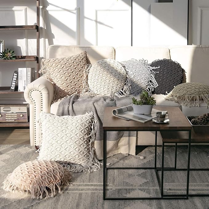 Phantoscope Macrame Cotton Handmade Crochet Woven Boho Throw Pillow with Tassel Cute Farmhouse Pillow Insert Included Lumbar Small Decorative Cushion for Couch Sofa, Ginger,16 inches Round