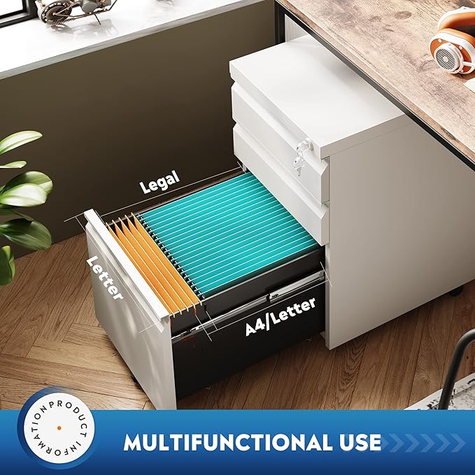 DEVAISE 3 Drawer Mobile File Cabinet with Lock, Under Desk Metal Filing Cabinet for Home Office/Legal/Letter/A4 File, Fully Assembled Except Wheels, White