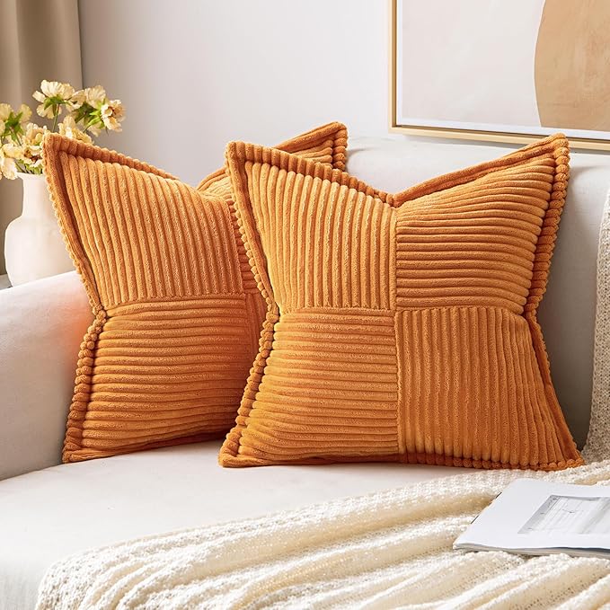 MIULEE Burnt Orange Fall Decorative Euro Sham Throw Pillow Covers for Couch Bed Livingroom 24x24 Inch Set of 2 Boho Accent Throw Pllows Broadside Striped Patchwork Soft Corduroy Pillowcases