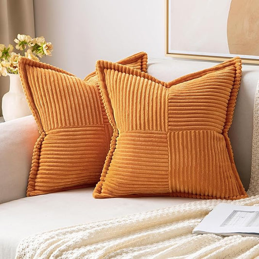 MIULEE Burnt Orange Fall Decorative Euro Sham Throw Pillow Covers for Couch Bed Livingroom 24x24 Inch Set of 2 Boho Accent Throw Pllows Broadside Striped Patchwork Soft Corduroy Pillowcases