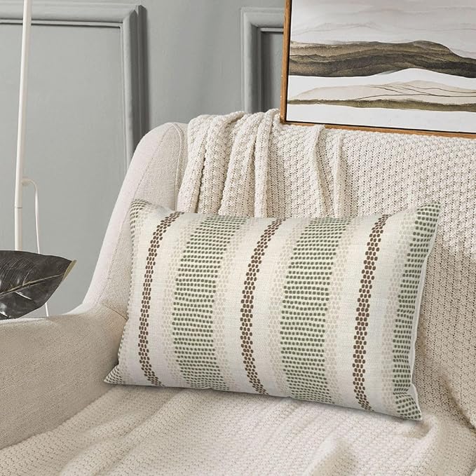 Boho Pillow Covers 12x20 Pack of 2 Sage Green Brown Polka Dot Stripe Decorative Throw Pillow Covers Bohemian Abstract Modern Pillowcase Farmhouse Lumbar Cushion Case for Home Sofa,Outdoor Decor