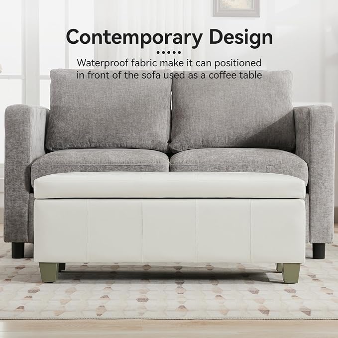 41" Faux Leather Storage Ottoman, Stitch Tufted Rectangle Upholstered End of Bed Storage Bench, Entryway Large Couch Ottoman with Wooden Legs,White