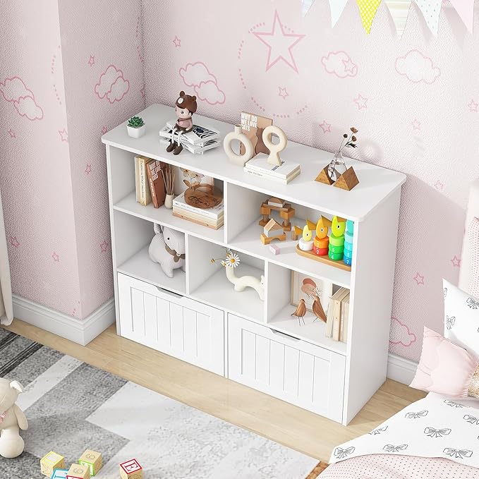 Toy Storage Organizer with Bookshelf, Large Toy Organizers and 2 Movable Drawers with Hidden Wheels and 5 Storage Cubbies, Kids Bookshelf and Toy Storage Chest, Playroom Furniture, White