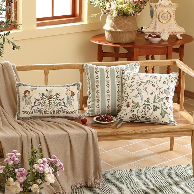 Throw Pillow Covers Pack of 4,Green Cozy Velvet Farmhouse with Birds and Floral Pattern Pillowcases,Decoration Square Round Lumbar Pillows Cushion Covers for Couch Sofa Bed Car Chair