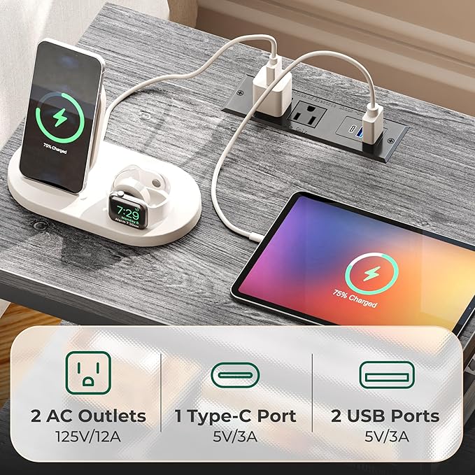 Huuger Night Stand with Charger Station and LED Lights, 2 Drawer Nightstand, Bed Side Table with Open Shelf, End Table, Fabric Dresser for Bedroom, Grey