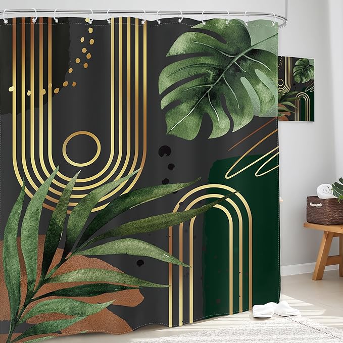 Glawry Dark Green Gold Boho Mid Century Shower Curtain Extra Long Abstract Minimalist Tropical Modern Geometric Leaf Bathroom Simple 72Wx84L Inches Bath Accessories Art Home Decor Fabric 12 Pack Hook