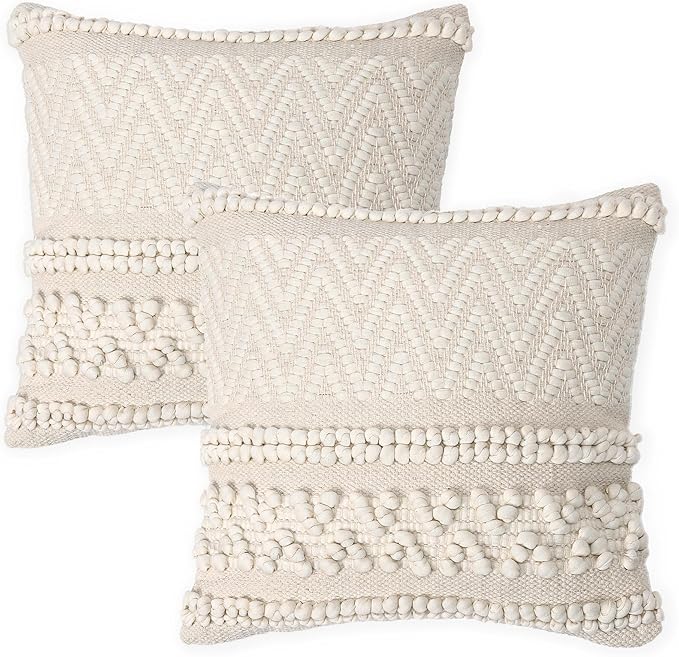 REDEARTH · Tufted Throw Pillow Cushion Covers - Boho Textured Woven Decorative Cases Set for Couch, Sofa, Bed, Farmhouse, Chair, Patio, Car - 100% Cotton (18x18 ; Boho Chic Natural) Pack of 2