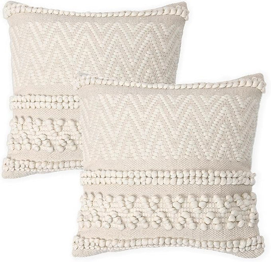 REDEARTH · Tufted Throw Pillow Cushion Covers - Boho Textured Woven Decorative Cases Set for Couch, Sofa, Bed, Farmhouse, Chair, Patio, Car - 100% Cotton (18x18 ; Boho Chic Natural) Pack of 2