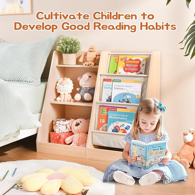 3 Tier Kids Wooden Bookshelf Baby Toddler Bookshelf and Toy Storage Organizer with Three Layer Sling Bookcase for Kids Room Playroom Nursery Classroom