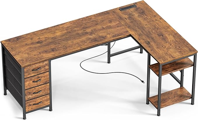 Huuger 63 Inch L Shaped Desk with Fabric Drawers, Computer Office Desk with Power Outlets and USB-C Port, Corner Desk with Storage Shelves, for Gaming Work Study Home Office, Reversible, Rustic Brown