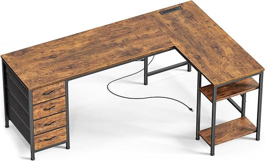 Huuger 63 Inch L Shaped Desk with Fabric Drawers, Computer Office Desk with Power Outlets and USB-C Port, Corner Desk with Storage Shelves, for Gaming Work Study Home Office, Reversible, Rustic Brown
