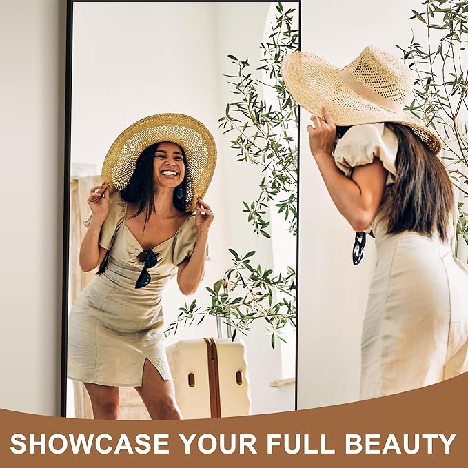 Delma Full Length Standing Mirror,Large Floor Mirror with Aluminum Frame for Bedroom, Bathroom, Living Room,Wall Mount or Freestanding Design(with Stand,Rect 75x35-Black)