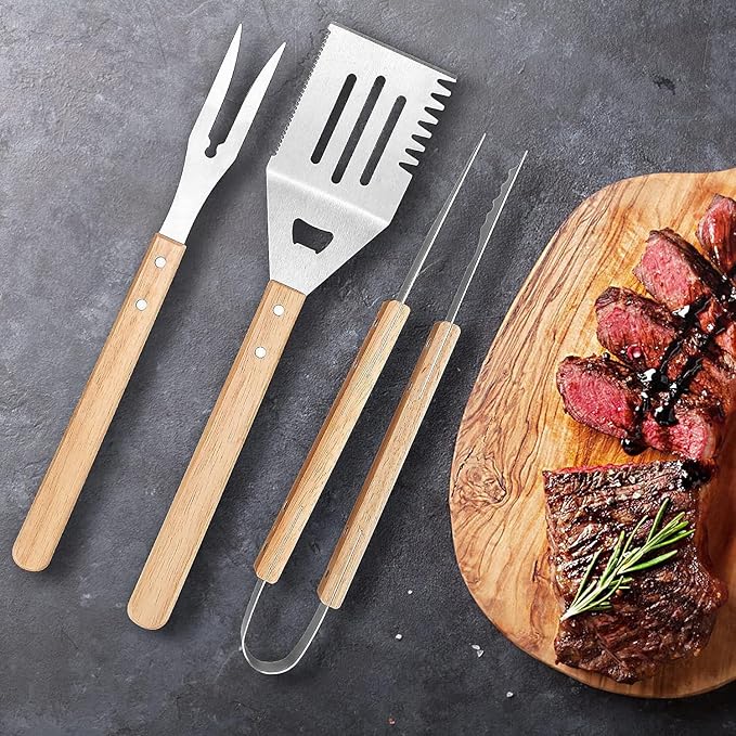 BBQ Grill Tools Set Stainless Steel, BBQ Grilling Accessories with Wood Handles, Barbecue Grill Utensils for Outdoor, Ideal BBQ Tools Gift for Grilling Lover. (3B)