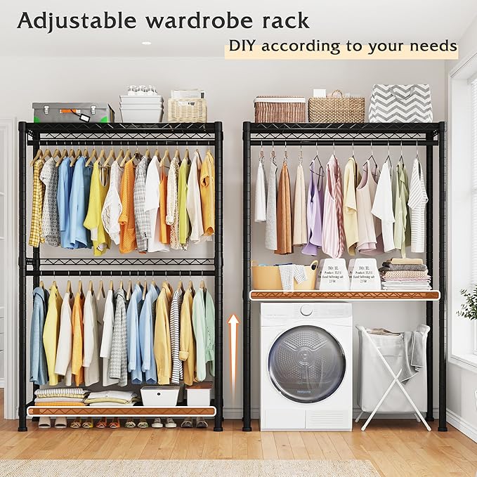 Raybee Heavy Duty Clothing Rack with Wheels,Rolling Clothes Rack for Hanging Clothes,Portable,2 Shelves,Black