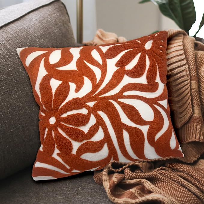 Alysheer Farmhouse Floral Leaves Embroidered Decorative Throw Pillow Cover 18x18 inches, Boho Tufted Flowers Embroidery Pattern Chic Cotton Cushion Case for Couch Bed Sofa Living Room(Burnt Orange)
