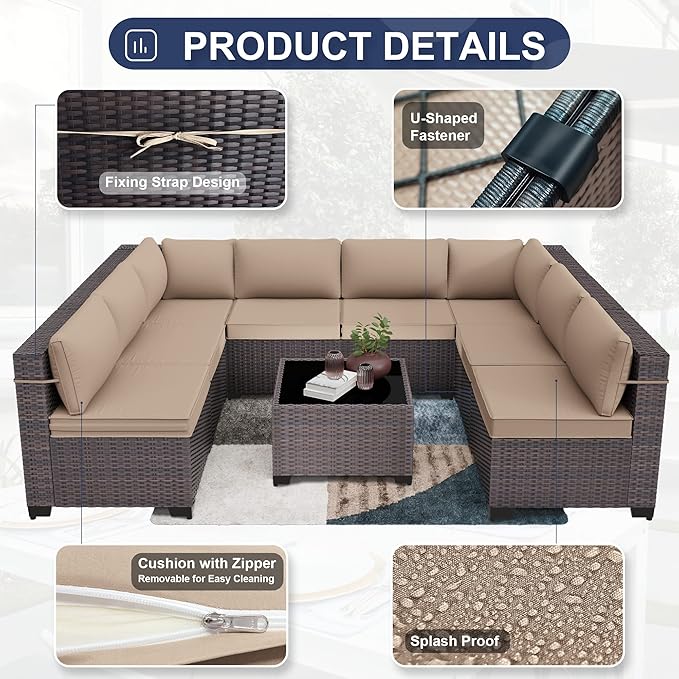 Kurapika 9 Pieces Patio Furniture Set, Rattan Wicker Outdoor Conversation Sets w/4 Inch Cushion and Glass Coffee Table(Sand)