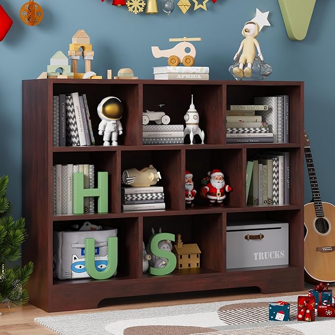 Kids Book Shelf Set of 2, 10 Cubes Storage Organizer Montessori Bookshelf, 3-Tier Wooden Kids Bookcase, Toy Storage Organizer for Children, Cherry Toddler Bookshelf Cube Shelf for Kid’s Room