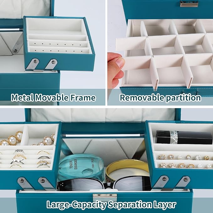 Dajasan Jewelry Box Organizer, Jewelry Holder Organizer Box, 4 Layers Leather Jewelry Storage Box, Gift Idea for Women, Girlfriends, Wife or Mother (Blue)