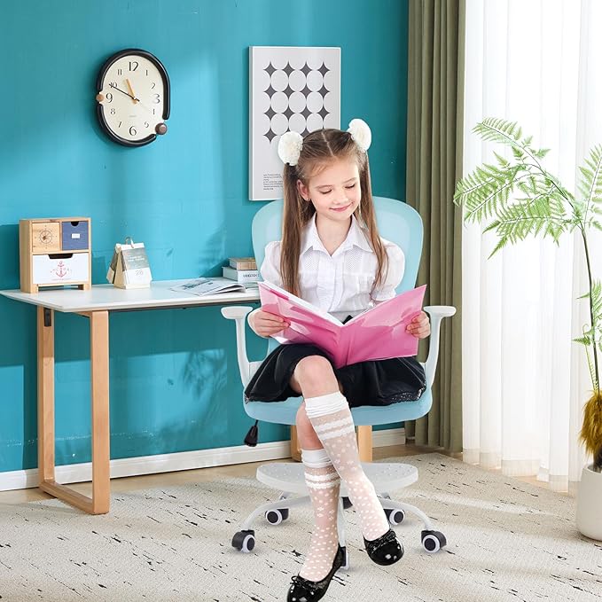 Kids Desk Chair Ergonomic Study Chair Swivel Mesh Desk Chair with Adjustable Arm Height Footrest Wheel Computer Home Office Chair for Children Boys Girls Students Bedroom School Age 5-13 Pink