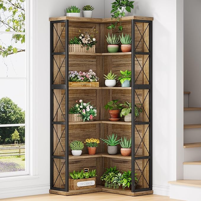 5-Tier L Shaped Bookshelf, Vintage Industrial Corner Bookcase, Large Tall Storage Shelves Display Rack with Metal Frame for Living Room, Home Office, Bedroom, Light Brown