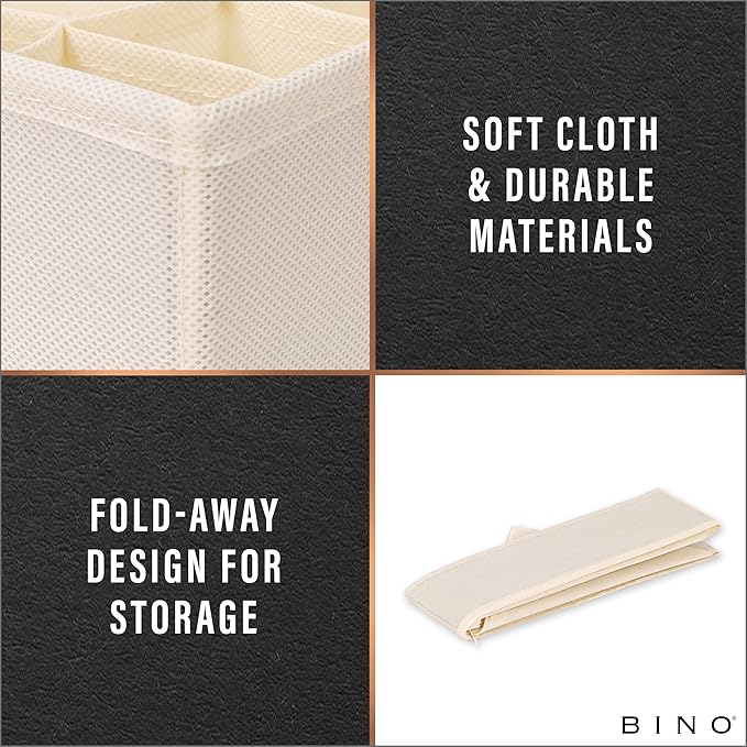 BINO 4-Pack Underwear Drawer Organizer - Beige | Sock Organizer | Drawer Organizer Dresser | Interior Drawer Organizer Storage | Dividers Dresser Drawers | Undergarment Scarf Tie Drawer Organizer