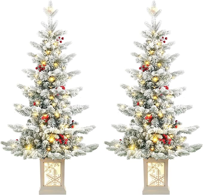 Two Pack Small Pre-Lit Christmas Tree with LED Lights - 3.5FT Snow Flocked Ariticifial Tree with Snowflake Base, Battery Operated & Auto Timer for Home Office Xmas Decor